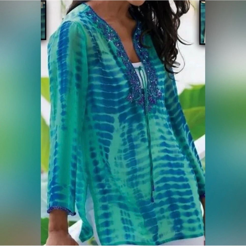 Soft Surroundings Tie Dye Beaded Tunic Top Sheer Embellished Teal‎ Blue Small